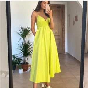 Zara Poplin Neon Green Midi Dress V Neck NWT Size L